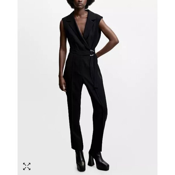 MNG by Mango Black Sleeveless Belted Wrap Jumpsuit‎ XL NWT - Picture 1 of 14